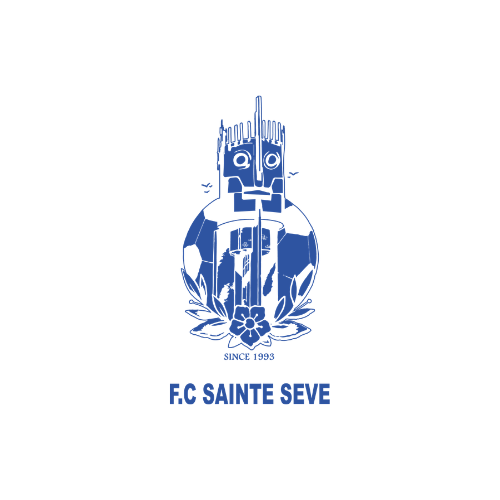 Logo bleu du club de football FC Sainte-Sève avec une figure stylisée au-dessus du nom de l'équipe