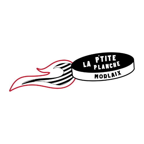 Logo de « La P'tite Planche Morlaix » en noir, blanc et rouge, représentant une planche et une vague stylisées.