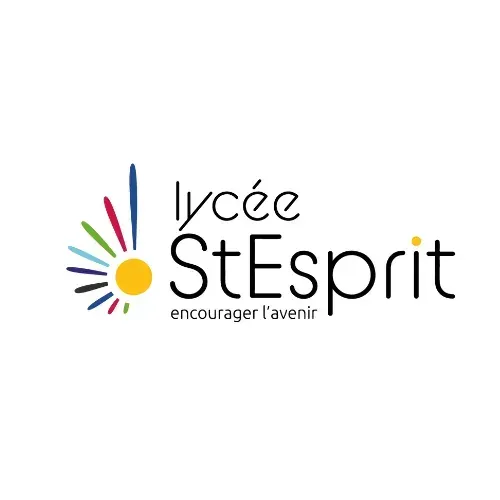Lycée StEsprit représentant un soleil stylisé aux rayons multicolores, accompagné du nom et du slogan de l'établissement.