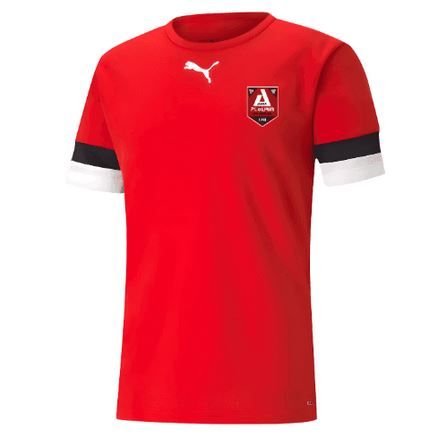 Maillot de football Puma rouge avec des détails noirs et blancs sur les manches et l'écusson du club sur la poitrine