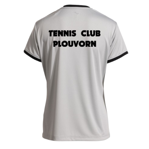 Maillot de sport gris avec finitions noires et logos des sponsors sur la poitrine et les manches.