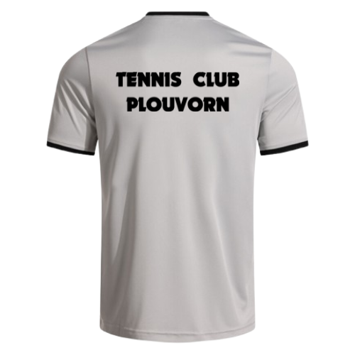 Maillot de sport blanc à manches courtes avec bordures noires et logos des sponsors, vue de face.