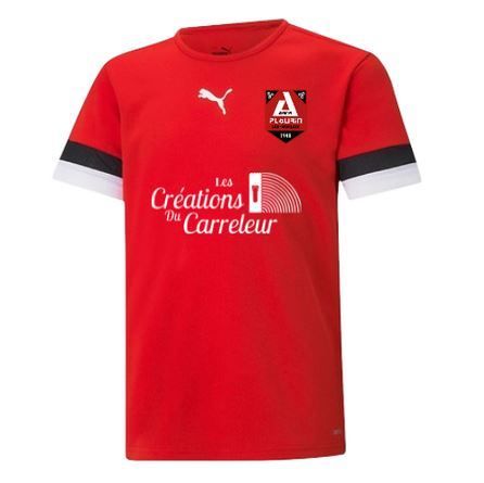 Maillot de football Puma rouge avec rayures noires et blanches sur les manches et logos des sponsors