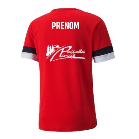 Maillot de football Puma rouge avec rayures noires et blanches sur les manches et logos des sponsors