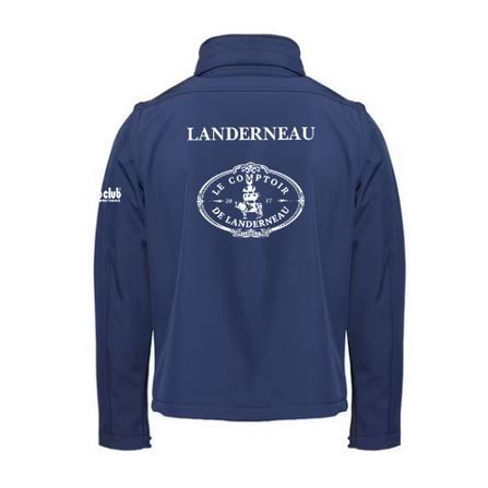 Veste zippée bleu marine avec logos blancs sur la poitrine et la manche, vue de face