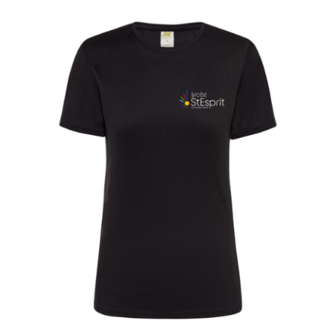 T-shirt noir à manches courtes avec un petit logo blanc et jaune sur la poitrine