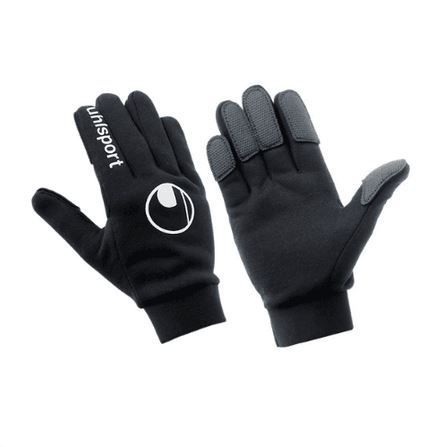 Gants tactiles noirs, vues de face et de dos, avec logo blanc sur la paume