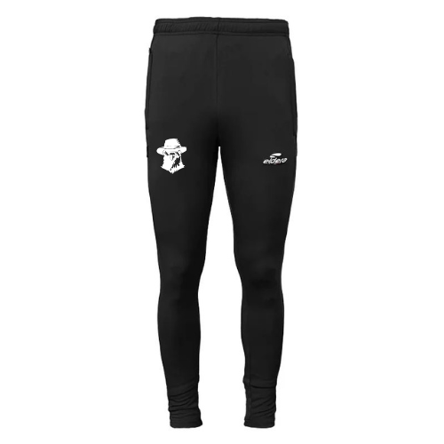 Pantalon de jogging noir de sport avec logos blancs sur les cuisses et ourlets resserrés.