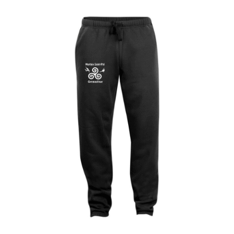 Pantalon de jogging bleu marine avec un petit logo blanc sur la cuisse gauche, isolé sur fond blanc