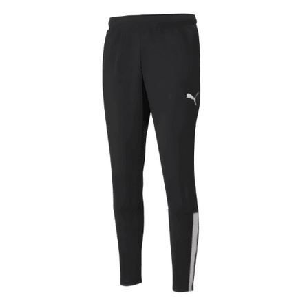 Pantalon de sport Puma noir avec logo blanc et bande latérale grise sur fond blanc