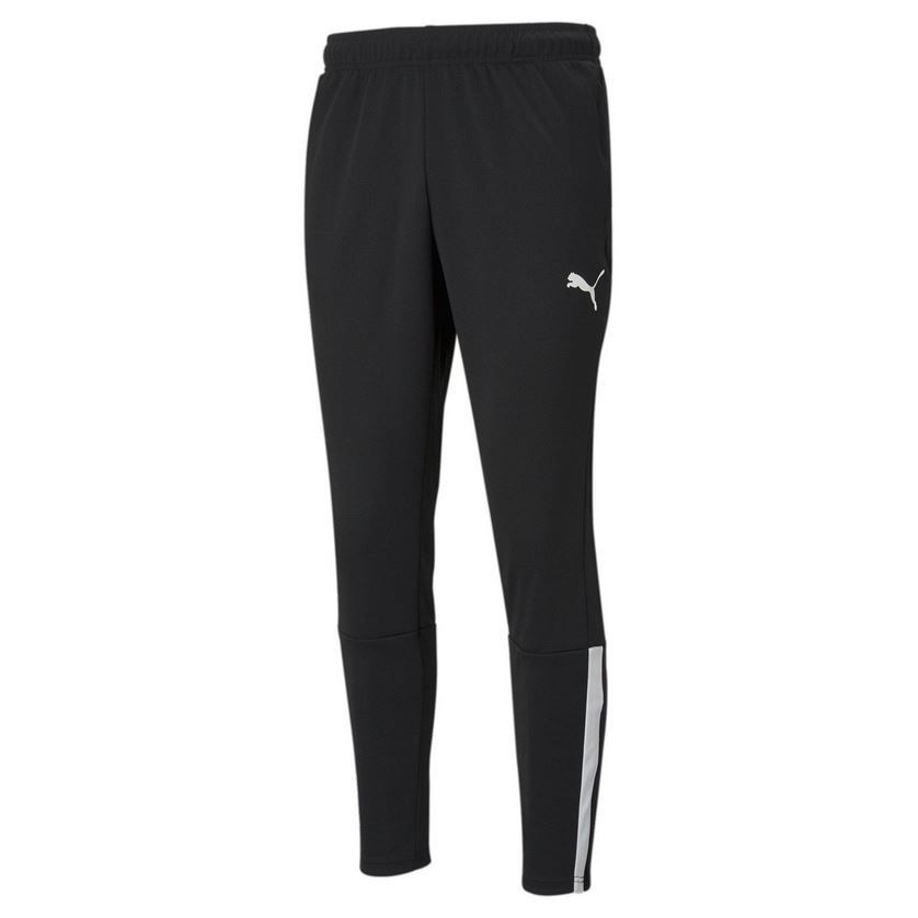 Pantalon de sport Puma noir avec logo blanc et bande latérale sur fond blanc