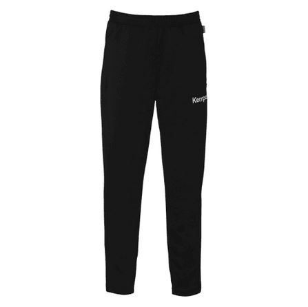 Pantalon de sport noir avec un petit logo blanc sur le haut de la jambe, présenté sur un fond blanc uni