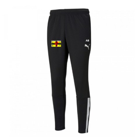 Pantalon de survêtement noir avec bande latérale blanche et petits logos sur fond blanc