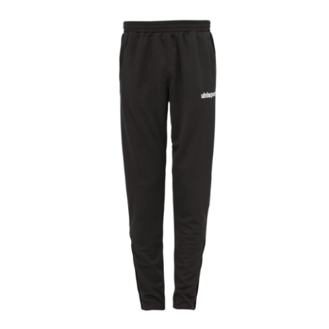 Pantalon de jogging noir de sport avec un petit logo blanc sur la jambe, vu de face sur fond blanc.