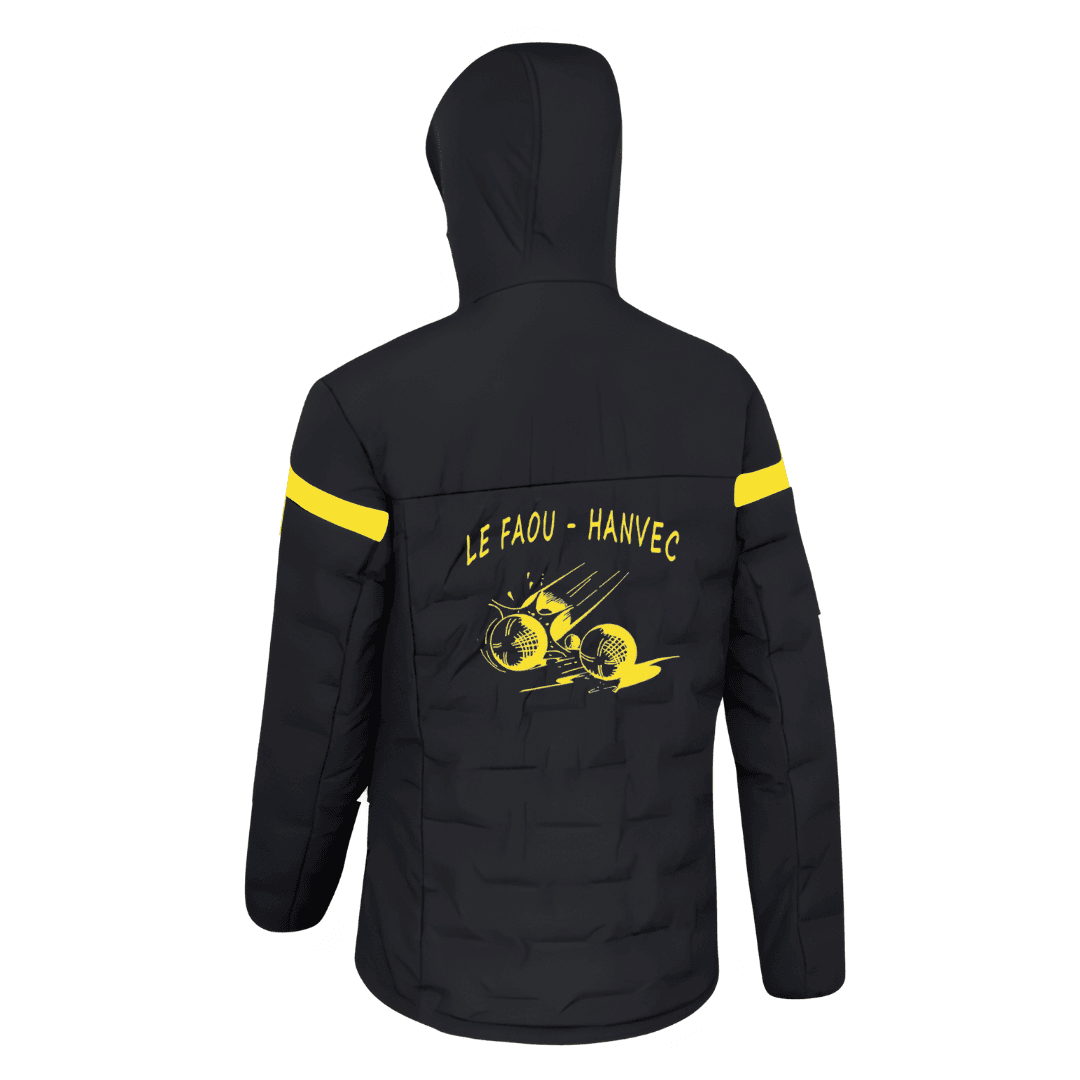 Veste à capuche noire avec doublure et détails jaunes, vue de face sur fond blanc