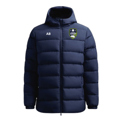 Doudoune bleu marine à capuche, initiales « AB » blanches et écusson du club sur la poitrine.