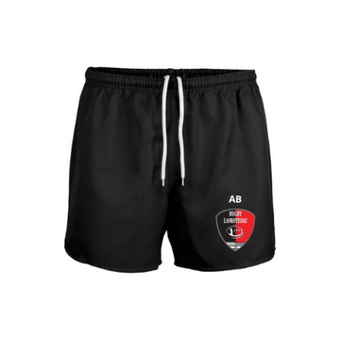 Short de sport noir avec cordon de serrage blanc et logo écusson rouge et noir sur la jambe