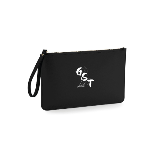 Pochette noire zippée avec logo blanc et dragonne sur fond blanc