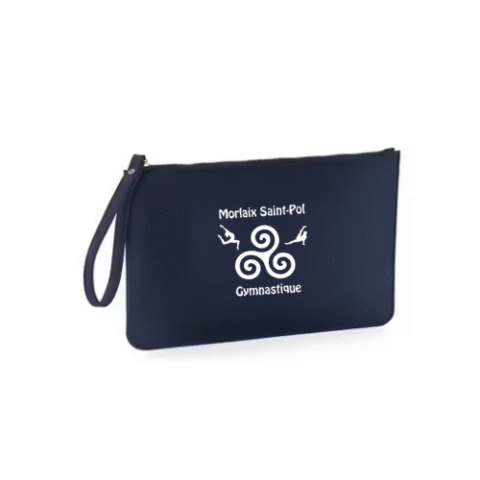 Pochette noire zippée avec dragonne et logo Morton Saint-Pat blanc sur le devant.