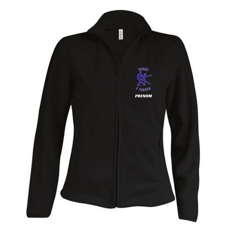 Veste noire zippée avec un petit logo violet sur la poitrine et la manche, col montant