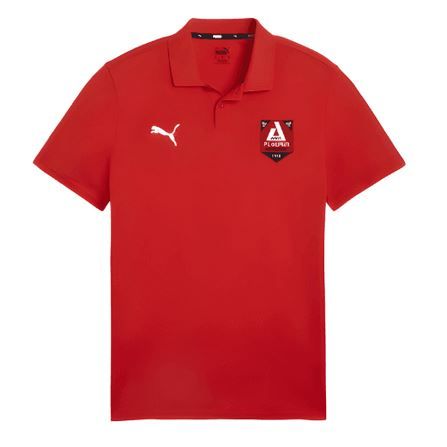 Polo rouge Puma avec l'écusson d'un club de football sur la poitrine.