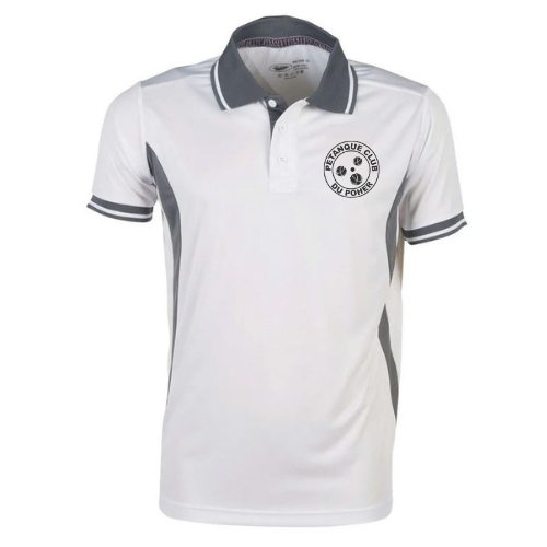 Polo blanc à col, finitions des manches et empiècements latéraux gris foncé, orné d'un logo circulaire sur la poitrine.