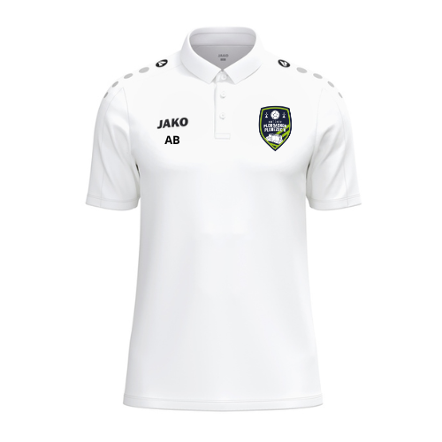 Polo JAKO blanc avec logos noirs et écusson sur la poitrine