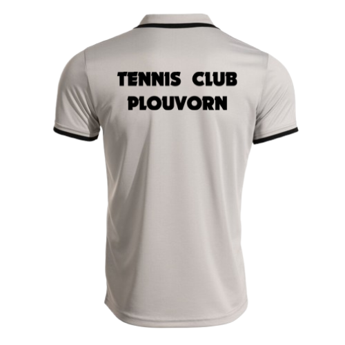 Polo gris clair avec finitions noires et logos des sponsors sur la poitrine et les manches.