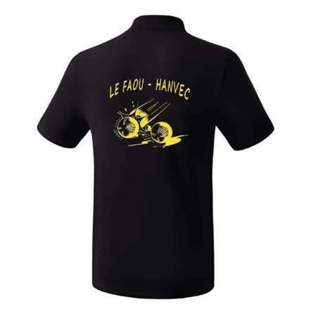 Polo noir avec logos jaunes sur la poitrine et la manche, vu de face sur fond blanc.