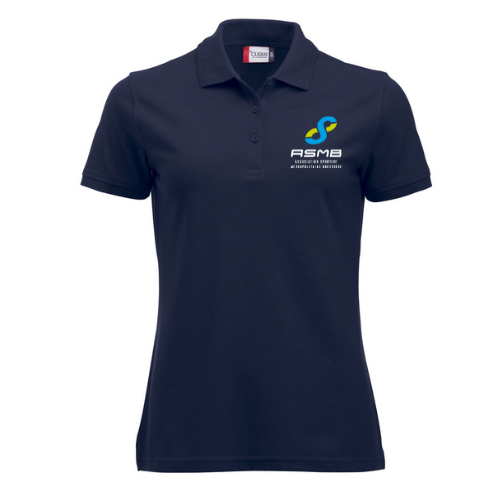 Polo bleu marine avec un petit logo multicolore sur la poitrine gauche.