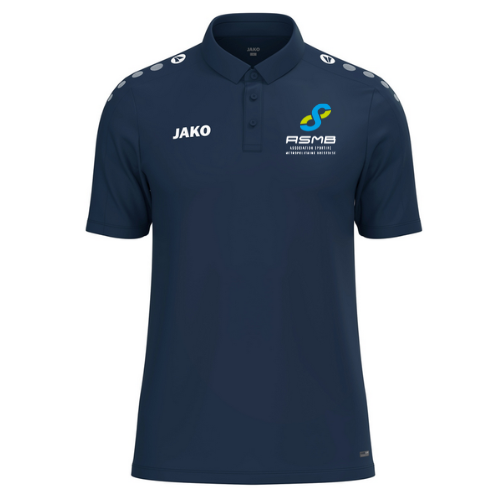 Polo bleu marine avec les logos JAKO et FISMO sur la poitrine et les épaules