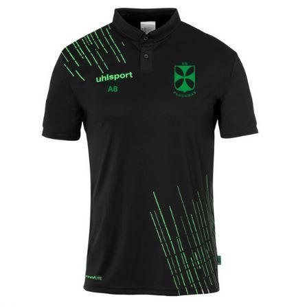 Polo de sport noir avec détails verts et logo, vue de face