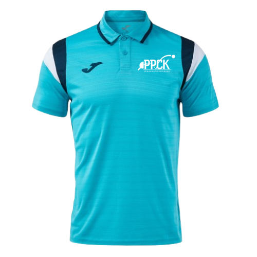 Polo Joma turquoise avec empiècements noirs aux épaules et logo PPCK sur la poitrine