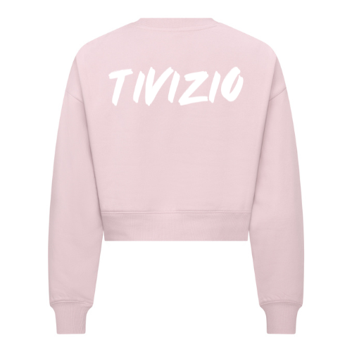 Sweat-shirt court rose clair à col rond et manches longues avec un petit logo blanc sur la poitrine