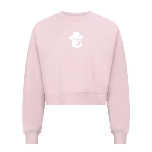 Sweat-shirt court rose clair à col rond et manches longues avec un petit logo blanc sur la poitrine