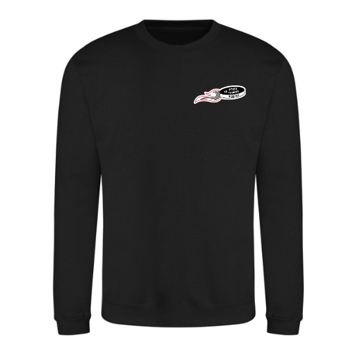 T-shirt noir à manches longues et col rond avec un petit logo blanc et rouge sur la poitrine