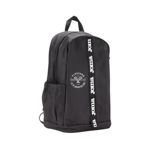 Sac à dos noir avec bandoulière logo blanc et poche latérale sur fond blanc