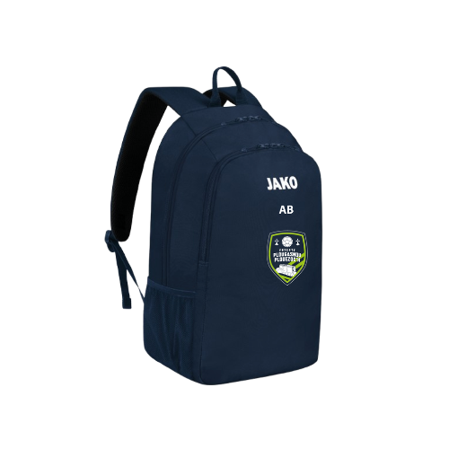 Sac à dos bleu marine avec logo JAKO et écusson AB sur fond blanc