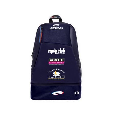 Sac à dos de sport bleu marine avec plusieurs logos et une poignée supérieure sur fond blanc
