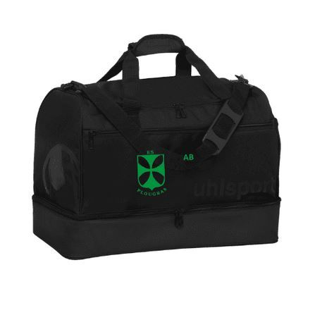Sac de sport noir avec logo vert, poignées, bandoulière et compartiment zippé