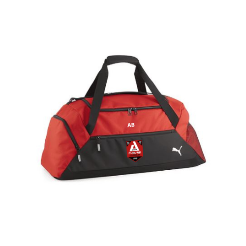 Sac de sport rouge et noir avec poignées et bandoulière sur fond blanc