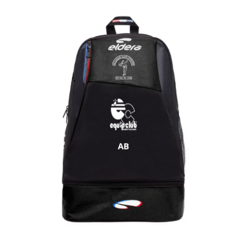 Sac à dos noir avec logos blancs et poignée supérieure, vu de face sur fond blanc