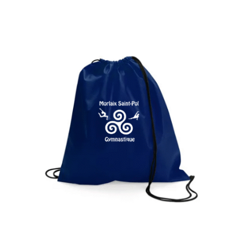 Sac à dos bleu à cordon avec logo et texte blancs sur fond blanc