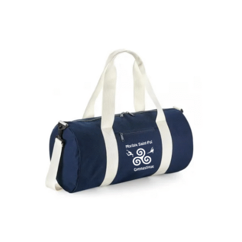 Sac de sport bleu marine avec anses et logo blancs, présenté sur fond blanc