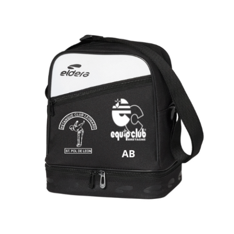Sac à lunch isotherme noir et blanc avec logos du club et inscription « AB », sur fond blanc.