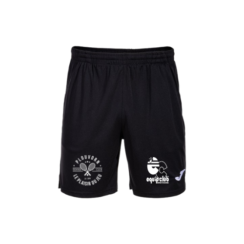 Short de sport noir avec logos blancs sur chaque jambe, vu de face sur fond blanc