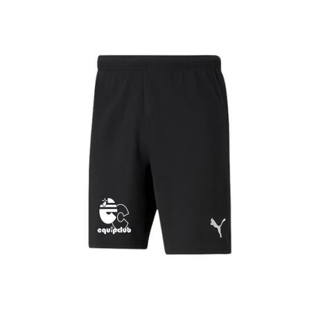 Short de sport Puma noir avec logos blancs sur la jambe gauche et la cuisse droite.