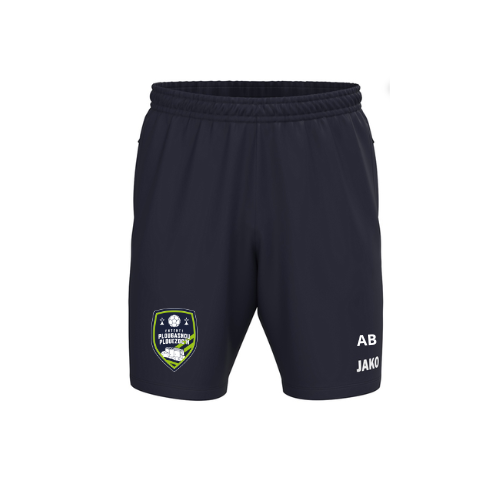 Short de sport noir avec un petit écusson et un texte blanc sur la jambe, présenté sur fond blanc