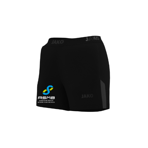 Short de sport noir JAKO avec un petit logo RSMB coloré sur la jambe gauche, sur fond blanc.
