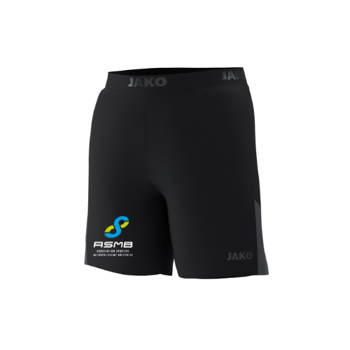 Short de sport noir JAKO avec logo ASME sur la jambe gauche